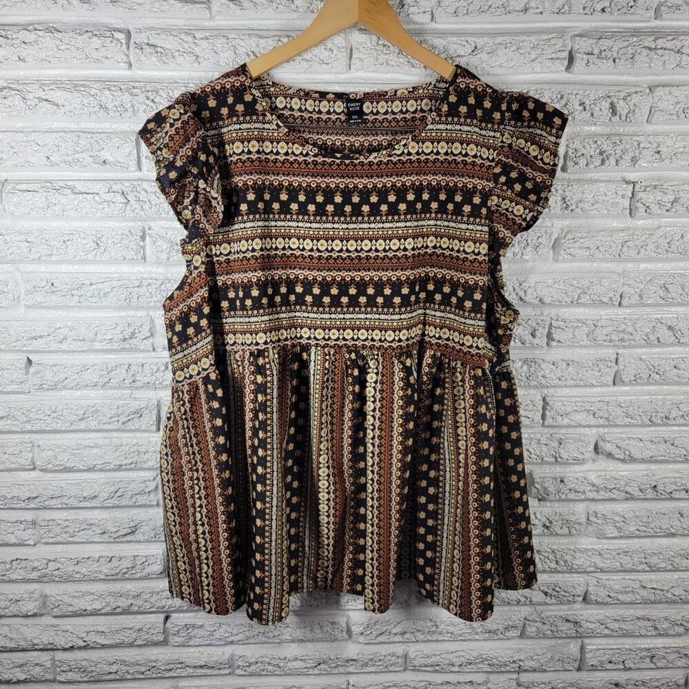 Emery Rose Women's Plus Size 5XL Top Black Tan Geometric Cap Sleeve GEO44E